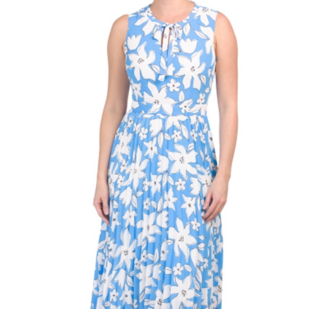 Donna Morgan Mixed Print Tie Neck Dress w/Pleats